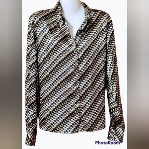 Focus 2000 Button Down Satin Blouse Geometric Pattern Sz 6 Medium